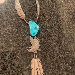 Vintage sterling turquoise eagle & feather necklac